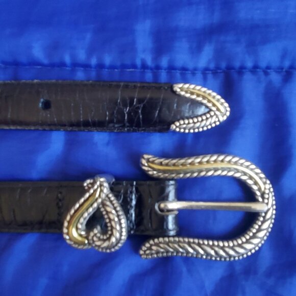 NWOT Brighton Belt Wm 29-32" Black Crock Embossed Ornate Silver Brass Hardware - Picture 1 of 8